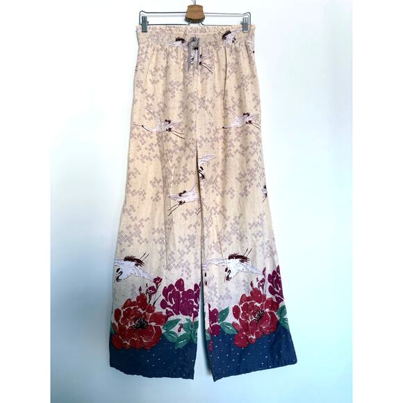 LILKA anthropologie cream gold textured crane bird novelty cotton pants - Picture 1 of 5